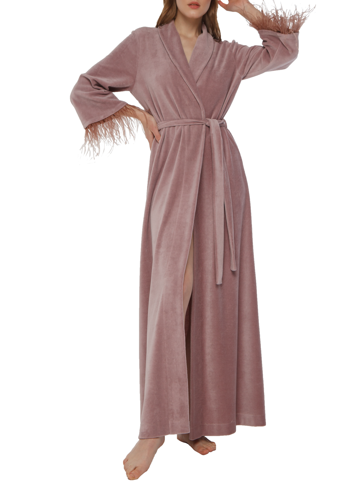 Julie длинный халат велюровый с перьями Limited edition